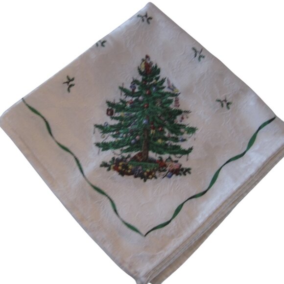 Spode Christmas Tree Damask Ivory Cloth Dinner Napkins Set of 4 Santa Green Red - Picture 2 of 6